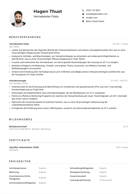 Lebenslauf-Muster für Vertriebsleiter*in Filiale