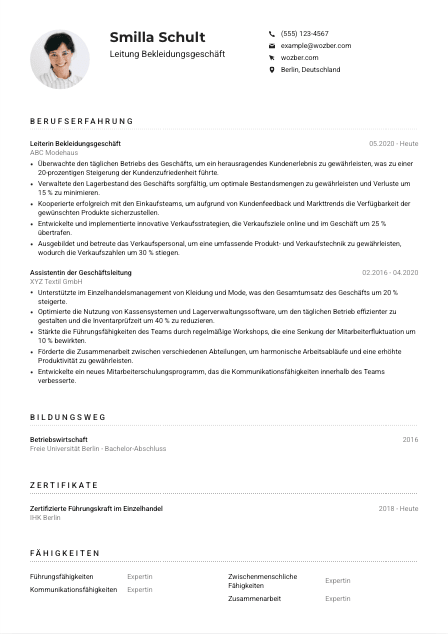 Lebenslauf-Muster für Leitung Bekleidungsgeschäft