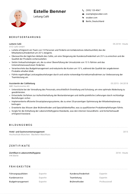 Lebenslauf-Muster für Leitung Café
