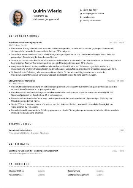 Lebenslauf-Muster für Filialleiter*in Nahversorgungsmarkt