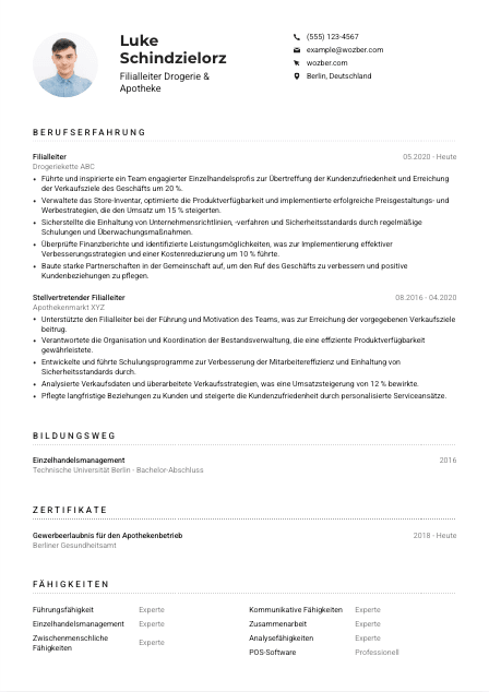 Lebenslauf-Muster für Filialleiter*in Drogerie & Apotheke