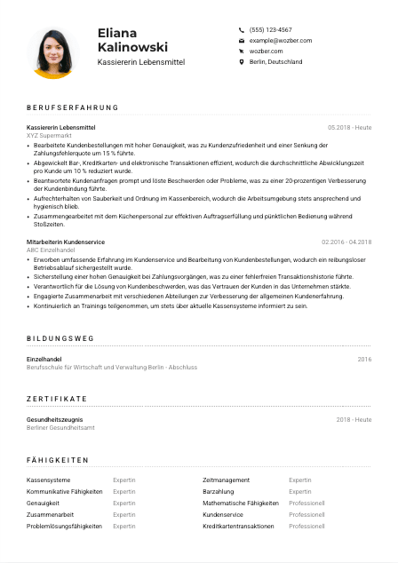 Lebenslauf-Muster für Kassierer*in Lebensmittel