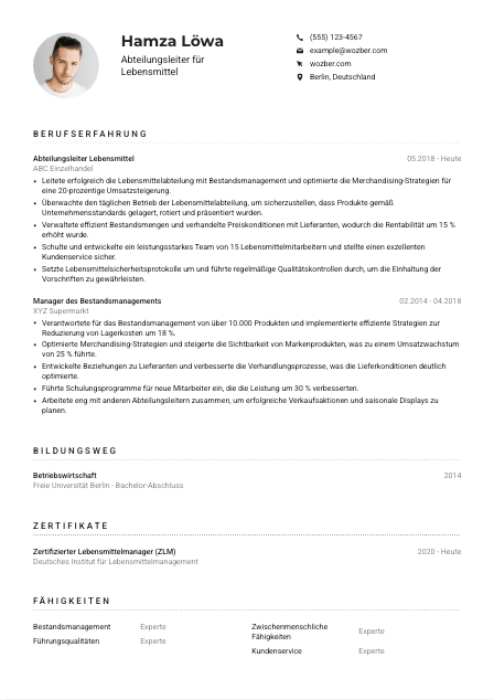 Lebenslauf-Muster für Abteilungsleiter*in Lebensmittel