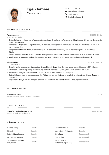 Lebenslauf-Muster für Warenmanager*in