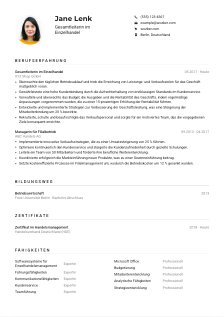 Lebenslauf-Muster für Gesamtleitung im Einzelhandel