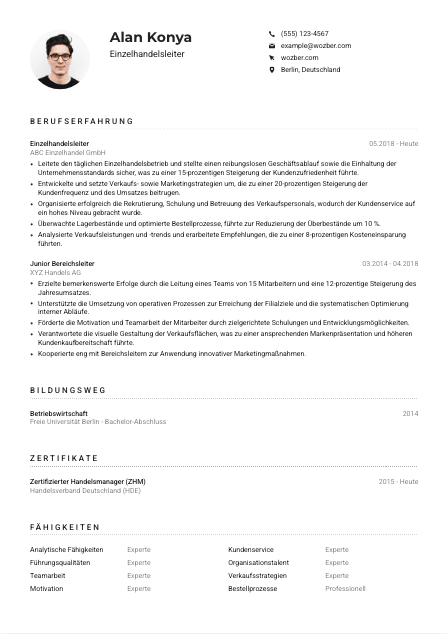 Lebenslauf-Muster für Einzelhandelsleiter*in