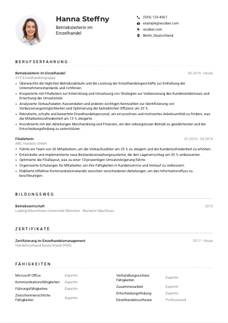 Lebenslauf-Muster für Betriebsleiter*in im Einzelhandel