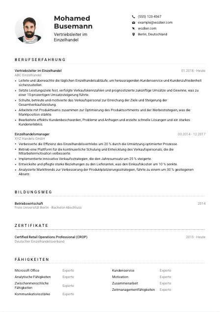 Lebenslauf-Muster für Vertriebsleiter*in Einzelhandel