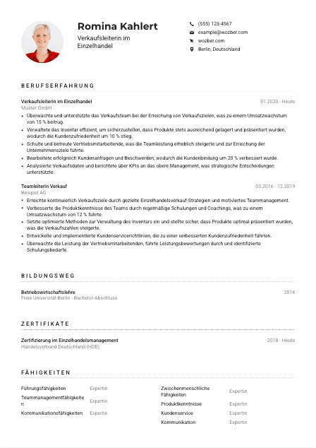 Lebenslauf-Muster für Verkaufsleiter*in im Einzelhandel