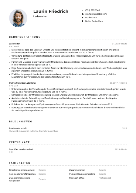 Lebenslauf-Muster für Ladenleiter*in