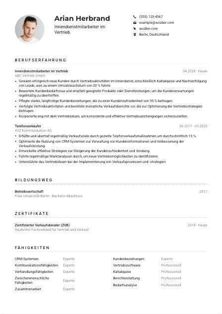 Lebenslauf-Muster für Innendienstmitarbeiter*in im Vertrieb