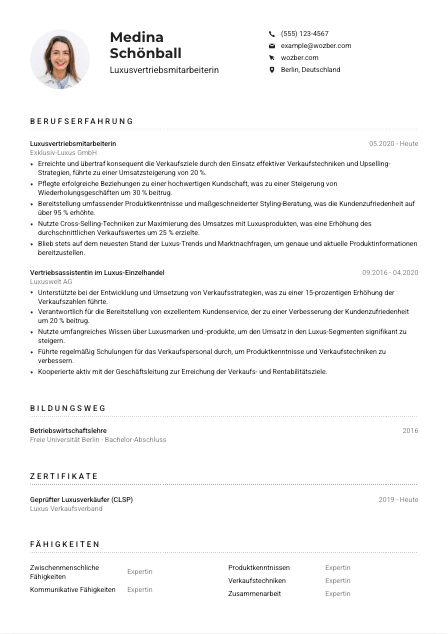 Lebenslauf-Muster für Luxusvertriebsmitarbeiter*in