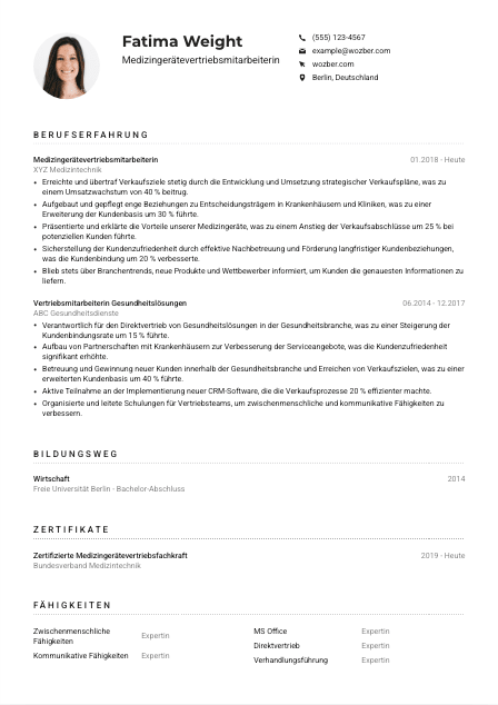 Lebenslauf-Muster für Medizingerätevertriebsmitarbeiter*in