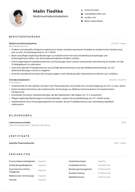 Lebenslauf-Muster für Medizinvertriebsmitarbeiter*in