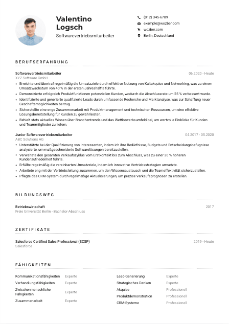 Lebenslauf-Muster für Softwarevertriebsmitarbeiter*in