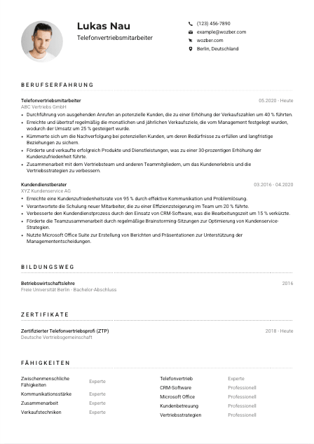 Lebenslauf-Muster für Telefonvertriebsmitarbeiter*in