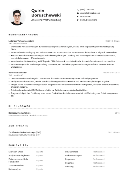 Lebenslauf-Muster für Assistenz Vertriebsleitung