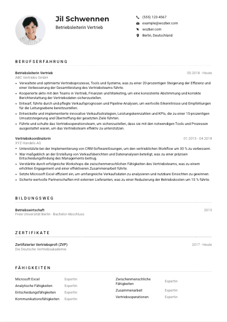 Lebenslauf-Muster für Betriebsleiter*in Vertrieb