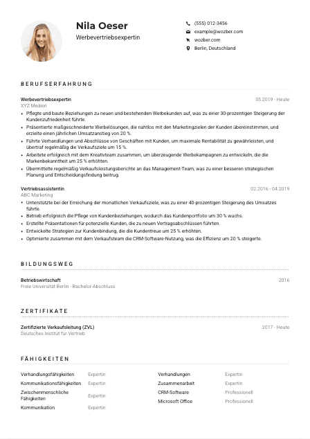 Lebenslauf-Muster für Werbevertriebsexpert*in