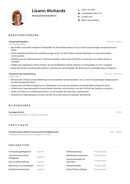 Lebenslauf-Muster für Antiquitätenhändler*in