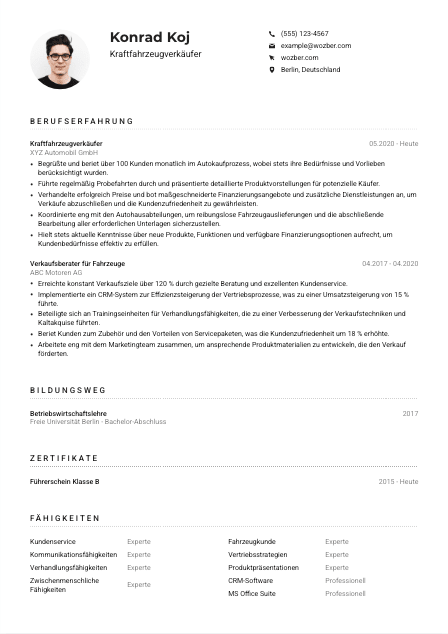 Lebenslauf-Muster für Kraftfahrzeugverkäufer*in