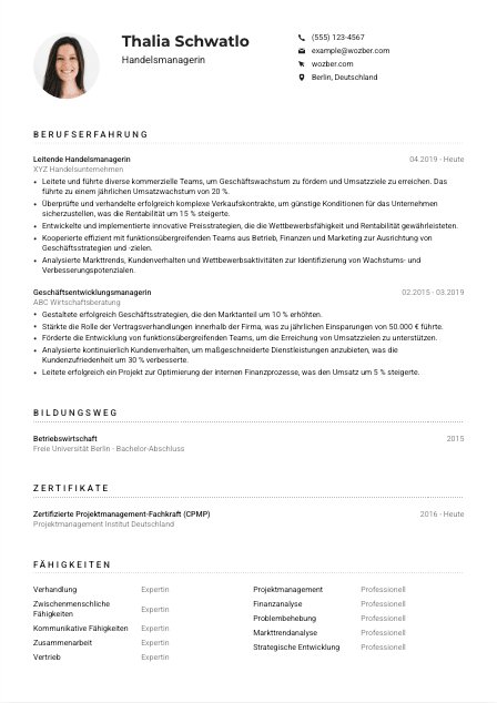 Lebenslauf-Muster für Handelsmanager*in