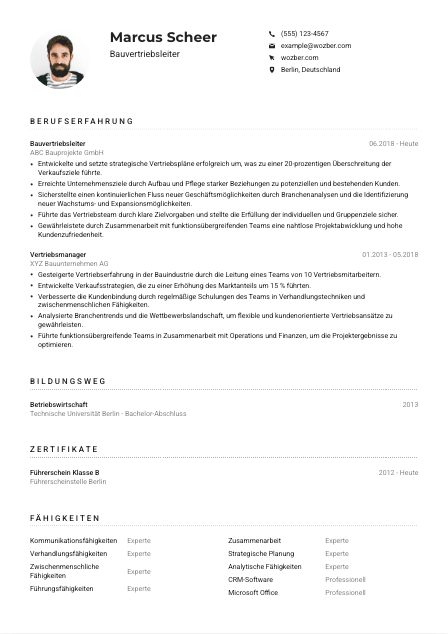 Lebenslauf-Muster für Bauvertriebsleiter*in