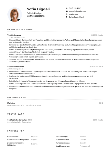 Lebenslauf-Muster für Selbstständige*r Vertriebsberater*in