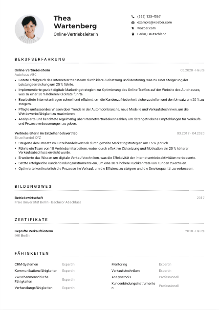 Lebenslauf-Muster für Online-Vertriebsleiter*in