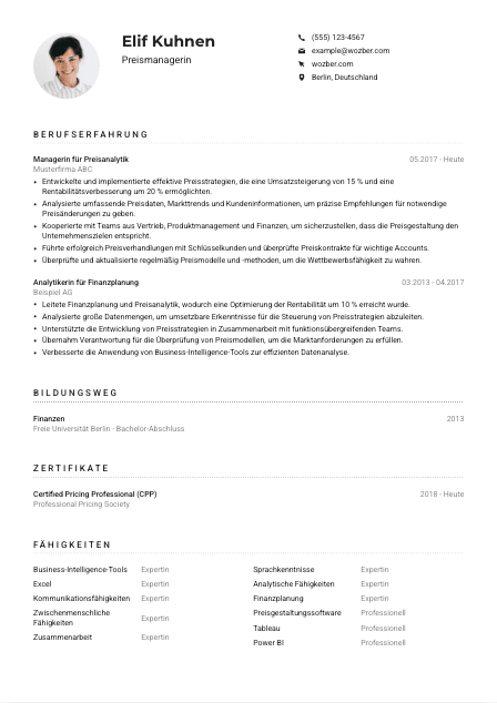 Lebenslauf-Muster für Preismanager*in