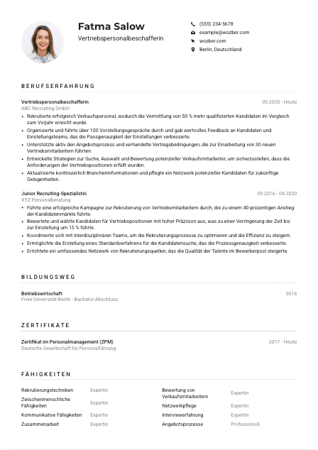 Lebenslauf-Muster für Vertriebspersonalbeschaffer*in