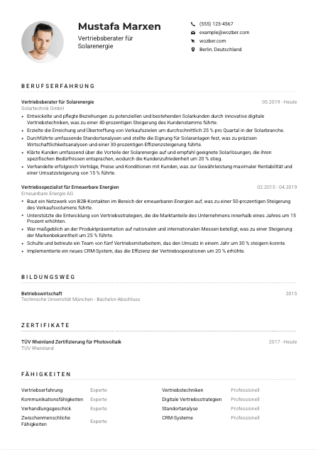 Lebenslauf-Muster für Vertriebsberater*in Solarenergie