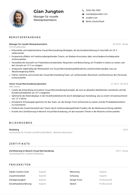 Lebenslauf-Muster für Manager*in für visuelle Warenpräsentation