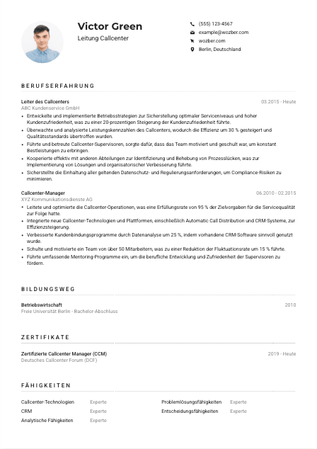 Lebenslauf-Muster für Leitung Callcenter