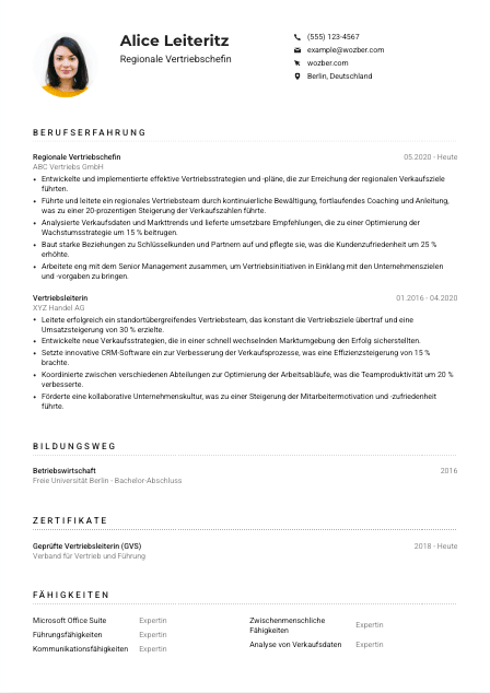 Lebenslauf-Muster für Regionale*r Vertriebschef*in