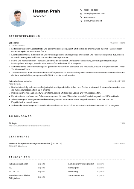 Lebenslauf-Muster für Laborleiter*in