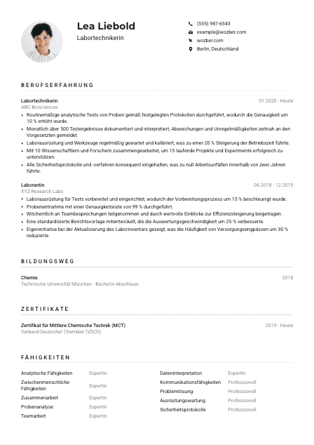 Lebenslauf-Muster für Labortechniker*in