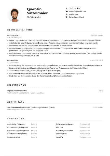 Lebenslauf-Muster für F&E-Generalist*in