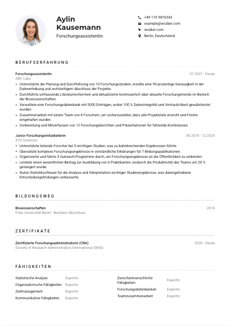 Lebenslauf-Muster für Forschungsassistent*in