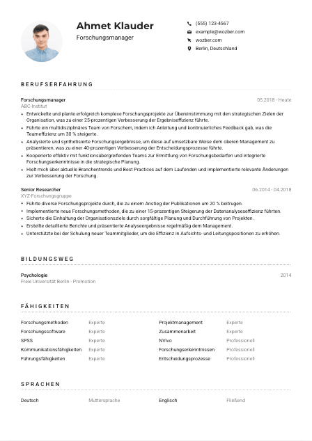 Lebenslauf-Muster für Forschungsmanager*in