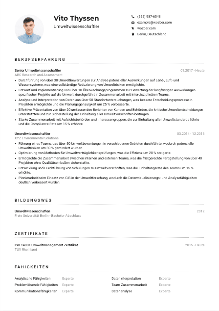 Lebenslauf-Muster für Umweltwissenschaftler*in