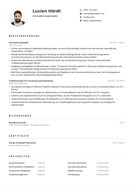 Lebenslauf-Muster für Innovationsspezialist*in