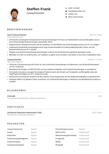Lebenslauf-Muster für Golang-Entwickler*in