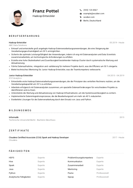 Lebenslauf-Muster für Hadoop-Entwickler*in