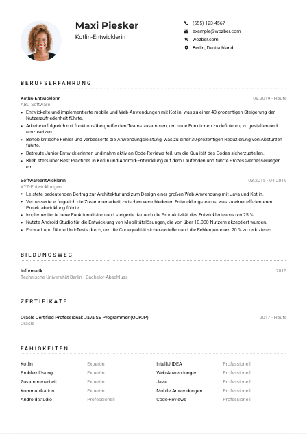 Lebenslauf-Muster für Kotlin-Entwickler*in