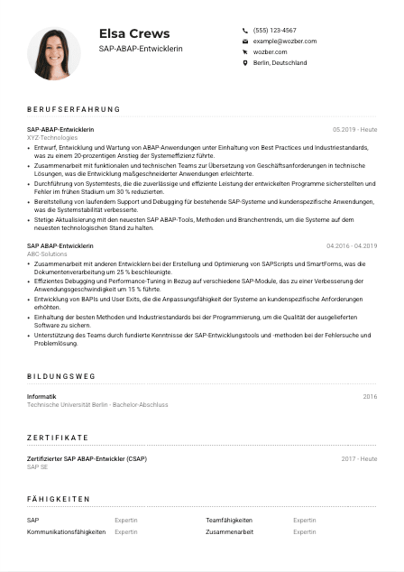 Lebenslauf-Muster für SAP-ABAP-Entwickler*in
