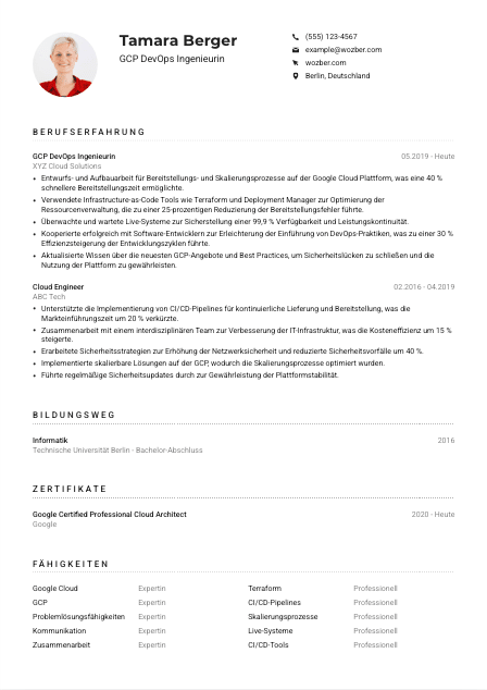 Lebenslauf-Muster für GCP DevOps Ingenieur*in