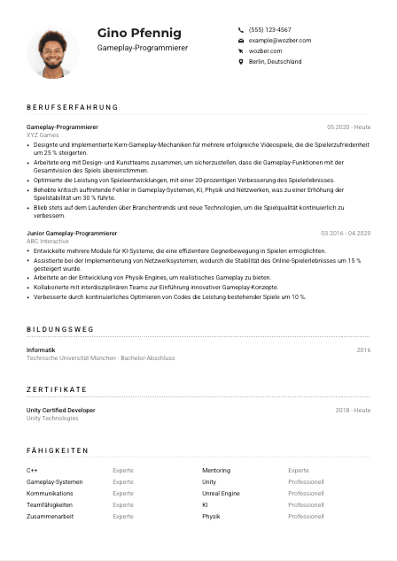 Lebenslauf-Muster für Gameplay-Programmierer*in