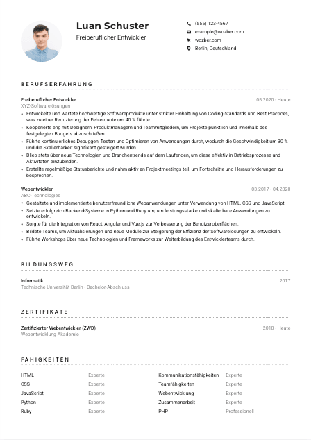 Lebenslauf-Muster für Freiberufliche*r Entwickler*in