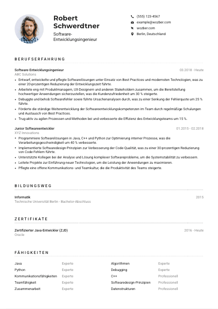 Lebenslauf-Muster für Software-Entwicklungsingenieur*in